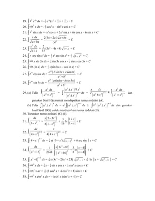 19. ò x2 e-3x dx = - 1 
3 e-3x(x2 + 23 
x + 2 
9 ) + C 
20. 3 sin ò x dx = - 23 
cos3 x – sin2 x cos x + C 
21. ò x3 sin x dx = -x3 cos x + 3x2 sin x + 6x cos x – 6 sin x + C 
22. 
x dx 
a + bx ò = ( ) 
bx a a bx 
- + + C 
2 
2 2 
b 
3 
23. 
2 
1 
x dx 
+ x ò = 
2 
15 
(3x2 – 4x +8) 1+ x + C 
24. ò x arc sin x2 dx = 1 
2 x2 arc sin x2 + 1 
2 
1- x4 + C 
25. sin ò x sin 3x dx = 18 
sin 3x cos x - 3 
8 sin x cos 3x + C 
26. òsin (ln x) dx = 1 
2 x(sin ln x – cos ln x) + C 
òeax eax ( bsin bx a cosbx 
) 
27. cos bx dx = + 
+ 
2 2 
a b 
+ C 
òeax eax ( a sin bx b cosbx 
) 
28. sin bx dx = - 
+ 
2 2 
a b 
+ C 
2 
a dx 
a ± x ò = 
29. (a) Tulis ( 2 2 
) 
m 
( ) 
( ) 
2 2 2 
a x x 
a x 
± 
± ò m 
2 2 m 
dx 
x dx 
a ± x ò dan 
a x - ± ò m ( ) 
dx = ( ) 2 2 m 1 
2 
2 2 
m 
gunakan Soal 10(a) untuk mendapatkan rumus reduksi (A). 
(b) Tulis ( 2 2 )m ò a ± x dx = a2 ( ) 2 2 m 1 a x - ò ± dx ± ò x2 ( ) 2 2 m 1 a x - ± dx dan gunakan 
hasil Soal 10(b) untuk mendapatkan rumus reduksi (B). 
30. Turunkan rumus reduksi (C)-(J). 
31. ò dx 
( 1 - x 2 )3 
= 
( 2 
) 
( ) 
x x 
5 3 
8 1 
2 2 
x 
- 
- 
+ 
3 
16 
ln 
1 
1 
x 
x 
+ 
- 
+ C 
dx 
+ x ò = ( )4 4 2 1/2 
32. ( )4 2 3/2 
x 
+ x + C 
33. ( )ò 4 - x2 3/2 dx = 1 
4 x(10 – x2) 4 - x2 + 6 arc sin 1 
2 x + C 
dx 
x - ò = 
34. ( )2 16 3 
1 
2048 
( ) 
( ) 
ìï x 3 x 2 
- 80 + 3 ln 
x 
- 4 ïü í 2 
8 x 
+ 4 
ý î ï x 2 - 16 þ 
ï + C 
35. ( )ò x2 -1 5/2 dx = 1 
48 x(8x4 – 26x2 + 33) x2 -1 - 5 
16 ln │x + x2 -1│ + C 
36. òsin4 x dx = 3 
8 x - 3 
8 sin x cos x - 1 
4 sin3 x cos x + C 
37. òcos5 x dx = 1 
15 (3 cos4 x + 4 cos2 x + 8) sin x + C 
38. òsin3 x cos2 x dx = - 1 
5 cos3 x (sin2 x + 23 
) + C 
 
