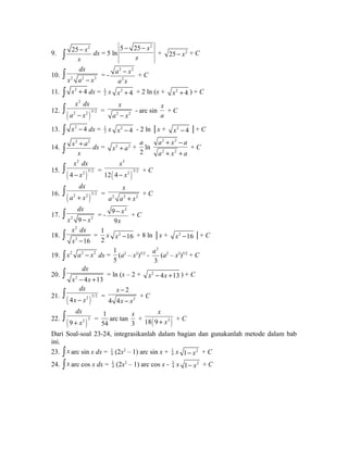 9. 
25 x2 
x 
- ò dx = 5 ln 
5 - 25 - 
x2 
x 
+ 25 - x2 + C 
dx 
x a - x ò = - 
10. 2 2 2 
2 2 
2 
a x 
a x 
- + C 
11. ò x2 + 4 dx = 1 
2 x x2 + 4 + 2 ln (x + x2 + 4 ) + C 
2 
x dx 
a - x ò = 2 2 
12. ( ) 
2 2 3/2 
x 
a - x 
- arc sin 
x 
a 
+ C 
13. ò x2 - 4 dx = 1 
2 x x2 - 4 - 2 ln │x + x2 - 4 │+ C 
14. 
x2 a2 
x 
+ ò dx = x2 + a2 + 
a 
ln 
2 
2 2 
a + x - 
a 
a 2 + x 2 
+ 
a 
+ C 
2 
x dx 
- x ò = ( ) 
15. ( ) 
2 5/2 
4 
3 
x 
- x 
12 4 2 3/2 
+ C 
dx 
a + x ò = 2 2 2 
16. ( )2 2 3/2 
x 
a a + x 
+ C 
dx 
x - x ò = - 
17. 2 9 2 
9 x 
2 
9 
x 
- + C 
18. 
2 
ò x dx 
= 
x 2 
- 16 
1 
2 
x x2 -16 + 8 ln │x + x2 -16 │+ C 
19. ò x2 a2 - x2 dx = 
1 
5 
(a2 – x2)5/2 - 
2 
3 
a (a2 – x2)3/2 + C 
dx 
x - x + ò = ln (x – 2 + x2 - 4x +13 ) + C 
20. 2 4 13 
dx 
x - x ò = 2 
21. ( )4 2 3/2 
x 
2 
x x 
4 4 
- 
- 
+ C 
dx 
+ x ò = 
22. ( )9 2 2 
1 
54 
arc tan 
x 
+ 18( 9 2 ) 
3 
x 
+ x + C 
Dari Soal-soal 23-24, integrasikanlah dalam bagian dan gunakanlah metode dalam bab 
ini. 
23. ò x arc sin x dx = 1 
4 (2x2 – 1) arc sin x + 1 
4 x 1- x2 + C 
24. ò x arc cos x dx = 1 
4 (2x2 – 1) arc cos x - 1 
4 x 1- x2 + C 
 