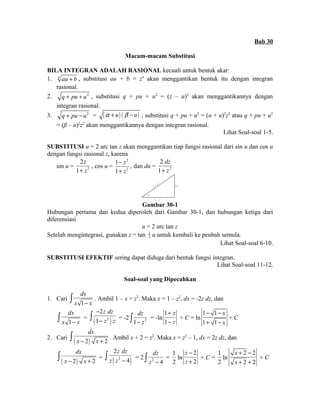 Bab 30 
Macam-macam Substitusi 
BILA INTEGRAN ADALAH RASIONAL kecuali untuk bentuk akar: 
1. n au + b , substitusi au + b = zn akan menggantikan bentuk itu dengan integran 
rasional. 
2. q + pu + u2 , substitusi q + pu + u2 = (z – u)2 akan menggantikannya dengan 
integran rasional. 
3. q + pu - u2 = (a + u) ( b -u) , substitusi q + pu + u2 = (α + u)2z2 atau q + pu + u2 
= (β – u)2z2 akan menggantikannya dengan integran rasional. 
Lihat Soal-soal 1-5. 
SUBSTITUSI u = 2 arc tan z akan menggantikan tiap fungsi rasional dari sin u dan cos u 
dengan fungsi rasional z, karena 
z 
+ z 
2 
1 
sin u = 2 
, cos u = 
2 
2 
1 
1 
z 
z 
- 
+ 
dz 
+ z 
2 
1 
, dan du = 2 
2 x 
u 
1 + z 2 
1 - z 2 
Gambar 30-1 
Hubungan pertama dan kedua diperoleh dari Gambar 30-1, dan hubungan ketiga dari 
diferensiasi 
u = 2 arc tan z 
Setelah mengintegrasi, gunakan z = tan 1 
2 u untuk kembali ke peubah semula. 
Lihat Soal-soal 6-10. 
SUBSTITUSI EFEKTIF sering dapat diduga dari bentuk fungsi integran. 
Lihat Soal-soal 11-12. 
Soal-soal yang Dipecahkan 
1. Cari 
ò dx 
. Ambil 1 – x = z2. Maka x = 1 – z2, dx = -2z dz, dan 
x 1 
- x ò dx 
= x 1 
- x ( 2 ) 
2 
1 
z dz 
z z 
- 
- ò = -2 1 2 
dz 
ò - z = -ln 
1 
1 
z 
z 
+ 
- 
+ C = ln 
1 1 
1 1 
x 
x 
- - 
+ - 
+ C 
dx 
x - x + ò . Ambil x + 2 = z2. Maka x = z2 – 1, dx = 2z dz, dan 
( 2) 2 
2. Cari ( 2) 2 
dx 
ò 2 
z dz 
z z - = 2 2 4 
ò x - x + = ( 2 4 
) 
dz 
ò z - = 
1 
2 
ln 
2 
2 
z 
z 
- 
+ 
+ C = 
1 
2 
ln 
2 2 
2 2 
x 
x 
+ - 
+ + 
+ C 
 