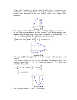 Dengan selalu mengingat cara lengkap seperti diberikan di atas, penyingkatan kerja 
dimungkinkan. Akan terlihat bahwa, di samping batas-batas integrasi, integral 
tertentu dapat diformulasikan bila luas persegi panjang yang didekati telah 
ditentukan. y 
P k ( x k , y k ) 
y k 
O x 
k x 
4 
Gambar 34-3 
3. Cari luas yang dibatasi parabola x = 8 + 2y – y2, sumbu-y, dan garis y = -1 dan y = 3. 
Di sini luasan dipotong menjadi pita-pita horisontal. Untuk persegi panjang yang 
didekati yang ditunjukkan dalam Gambar 34-4, lebar adalah Δy, panjang adalah x = 8 
+ 2y – y2, dan luas adalah (8 + 2y – y2)Δy. Luas yang ditanya adalah 
( ) 3 2 
ò 8 + 2y - y 
dy = 
- 
1 
3 3 
y y 2 
y 
1 
8 
3 
- 
é ù 
ê + - ú 
ë û 
= 
92 
3 
satuan kuadrat 
y 
x P ( x , y ) 
x 
3 
y 
O 
- 1 
Gambar 34-4 
4. Cari luas yang dibatasi oleh parabola y = x2 – 7x + 6, sumbu-x dan garis-garis x = 2 
dan x = 6. 
Untuk persegi panjang yang didekati yang ditunjukkan dalam Gambar 34-5, lebar 
adalah Δx, tinggi adalah –y = -(x2 – 7x + 6) dan luas adalah -(x2 – 7x + 6) Δx. Luas 
yang ditanyakan adalah 
A = 6 
2 
ò - (x2 – 7x + 6)dx = - 
3 2 6 
2 
æ x - 7 x öù 
ç + 6 
x 
è 3 2 
¸ú 
øû 
= 
56 
3 
satuan kuadrat 
P ( x , y ) 
- y 
O 
y 
1 2 x 6 x 
Gambar 34-5 
5. Cari luas antara kurva y = x3 – 6x2 + 8x dan sumbu-x. 
 
