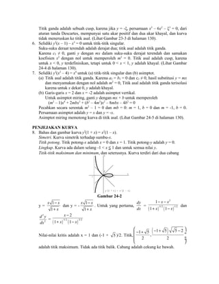 Titik ganda adalah sebuah cusp, karena jika y = -ξ, persamaan x3 – 6x2 – ξ3 = 0, dari 
aturan tanda Descartes, mempunyai satu akar positif dan dua akar khayal, dan kurva 
tidak meneruskan ke titik asal. (Lihat Gambar 23-3 di halaman 130). 
6. Selidiki y2(x – 1) – x3 = 0 untuk titik-titik singular. 
Suku-suku deraat terendah adalah derajat dua; titik asal adalah titik ganda. 
Karena c2 ≠ 0, ganti y dengan mx dalam suku-suku derajat terendah dan samakan 
koefisien x2 dengan nol untuk memperoleh m2 = 0. Titik asal adalah cusp, karena 
untuk x < 0, y terdefinisikan, tetapi untuk 0 < x < 1, y adalah khayal. (Lihat Gambar 
24-4 di halaman 130). 
7. Selidiki y2(x2 – 4) = x4 untuk (a) titik-titik singular dan (b) asimptot. 
(a) Titik asal adalah titik ganda. Karena a2 = b2 = 0 dan c2 ≠ 0, hasil substitusi y = mx 
dan menyamakan dengan nol adalah m2 = 0, Titik asal adalah titik ganda terisolasi 
karena untuk x dekat 0, y adalah khayal. 
(b) Garis-garis x = 2 dan x = -2 adalah asimptot vertikal. 
Untuk asimptot miring, ganti y dengan mx + b untuk memperoleh 
(m2 – 1)x4 + 2mbx3 + (b2 – 4m2)x2 – 8mbx – 4b2 = 0 
Pecahkan secara serentak m2 – 1 = 0 dan mb = 0: m = 1, b = 0 dan m = -1, b = 0. 
Persamaan asimptot adalah y = x dan y = -x. 
Asimptot miring memotong kurva di titik asal. (Lihat Gambar 24-5 di halaman 130). 
PENJEJAKAN KURVA 
8. Bahas dan gambar kurva y2(1 + x) = x2(1 – x). 
Simetri. Kurva simetrik terhadap sumbu-x. 
Titik potong. Titik potong-x adalah x = 0 dan x = 1. Titik potong-y adalah y = 0. 
Lingkup. Kurva ada dalam selang -1 < x £ 1 dan untuk semua nilai y. 
Titik-titik maksimum dan minimum, dan seterusnya. Kurva terdiri dari dua cabang 
0 
- 1 1 
x 
y 
y 2 ( 1 + x ) = x 2 ( 1 - x ) 
Gambar 24-2 
y = 
x x 
- 
+ 
1 
1 
x 
dan y = - 
x x 
- 
+ 
1 
1 
x 
. Untuk yang pertama, 
dy 
dx 
2 
x x 
x x 
- - 
+ - 
1 
1 1 
= ( ) ( ) 
3/2 1/2 
dan 
2 
2 
d y 
dx 
x 
- 
2 
x x 
= ( 1 + ) 5/2 ( 1 
- 
) 3/2 
Nilai-nilai kritis adalah x = 1 dan (-1 + 5 )/2. Titik, 1 5 , ( 1 5 ) 5 2 
æ ö ç - + - + - ¸ 
çç 2 2 
¸¸ è ø 
adalah titik maksimum. Tidak ada titik balik. Cabang adalah cekung ke bawah. 
 