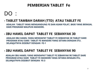 DO :
PEMBERIAN TABLET Fe
17
ADALAH TABLET YANG MENGANDUNG FE DAN ASAM FOLAT, BAIK YANG BERASAL
DARI PROGRAM MAUPUN MANDIRI.
- TABLET TAMBAH DARAH (TTD) ATAU TABLET FE
- IBU HAMIL DAPAT TABLET FE SEBANYAK 30
ADALAH IBU HAMIL YANG MENDAPAT TABLET FE SEBANYAK 30 TABLET DARI
PROGRAM ATAU DARI TABLET FE MANDIRI YANG SETARA DENGAN ITU.
SELANJUTNYA DISEBUT DENGAN FE-1
- IBU HAMIL DAPAT TABLET FE SEBANYAK 90
ADALAH IBU HAMIL YANG MENDAPAT TABLET FE SEBANYAK 90 TABLET DARI
PROGRAM ATAU DARI TABLET FE MANDIRI YANG SETARA DENGAN ITU.
SELANJUTNYA DISEBUT DENGAN FE-3
 