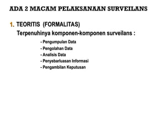 ADA 2 MACAM PELAKSANAAN SURVEILANS
1.
1. TEORITIS
TEORITIS (FORMALITAS)
(FORMALITAS)
Terpenuhinya komponen-komponen surveilans :
Terpenuhinya komponen-komponen surveilans :
- Pengumpulan Data
- Pengumpulan Data
- Pengolahan Data
- Pengolahan Data
- Analisis Data
- Analisis Data
- Penyebarluasan Informasi
- Penyebarluasan Informasi
- Pengambilan Keputusan
- Pengambilan Keputusan
 