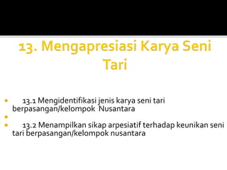  13.1 Mengidentifikasi jenis karya seni tari
berpasangan/kelompok Nusantara

 13.2 Menampilkan sikap arpesiatif terhadap keunikan seni
tari berpasangan/kelompok nusantara
 