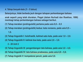 4. Tahap banyak-kata (3 – 5 tahun)
Selanjutnya, tidak berbeda jauh dengan tahapan perkembangan bahasa
anak seperti yang telah diurakan, Piaget (dalam Nurhadi dan Roekhan, 1990)
membagi tahap perkembangan bahasa sebagai berikut.
(1) Tahap meraban (pralinguistik) pertama pada usia 0,0 – 0,5
(2) Tahap meraban (pralinguistik) kedua: kata nonsens, pada usia 0,5 –
   1,0.
(3) Tahap linguistik I: holofrastik, kalimat satu kata, pada usia 1,0 – 2,0.
(4) Tahap linguistik II: kalimat dua kata, pada usia 2,0 – 3,0.
   2 - 20 Unit 2
(5) Tahap linguistik III: pengembangan tata bahasa, pada usia 3,0 – 4,0.
(6) Tahap linguistik IV: tata bahasa pradewasa, pada usia 4,0 – 5,0.
(7) Tahap lingistik V: kompetensi penuh, pada usia 5,0.
 