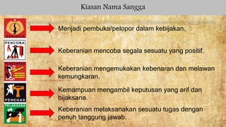 Kiasan Nama Sangga
Menjadi pembuka/pelopor dalam kebijakan.
Keberanian mencoba segala sesuatu yang positif.
Keberanian mengemukakan kebenaran dan melawan
kemungkaran.
Kemampuan mengambil keputusan yang arif dan
bijaksana.
Keberanian melaksanakan sesuatu tugas dengan
penuh tanggung jawab.
 