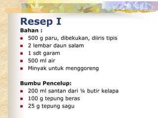 Resep I
Bahan :
 500 g paru, dibekukan, diiris tipis
 2 lembar daun salam
 1 sdt garam
 500 ml air
 Minyak untuk menggoreng
Bumbu Pencelup:
 200 ml santan dari ¼ butir kelapa
 100 g tepung beras
 25 g tepung sagu
 
