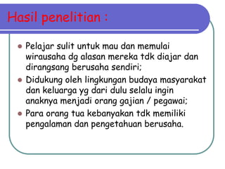 Hasil penelitian :

  Pelajar sulit untuk mau dan memulai
   wirausaha dg alasan mereka tdk diajar dan
   dirangsang berusaha sendiri;
  Didukung oleh lingkungan budaya masyarakat
   dan keluarga yg dari dulu selalu ingin
   anaknya menjadi orang gajian / pegawai;
  Para orang tua kebanyakan tdk memiliki
   pengalaman dan pengetahuan berusaha.
 