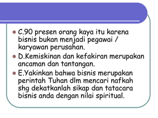  C.90 presen orang kaya itu karena
  bisnis bukan menjadi pegawai /
  karyawan perusahan.
 D.Kemiskinan dan kefakiran merupakan
  ancaman dan tantangan.
 E.Yakinkan bahwa bisnis merupakan
  perintah Tuhan dlm mencari nafkah
  shg dekatkanlah sikap dan tatacara
  bisnis anda dengan nilai spiritual.
 