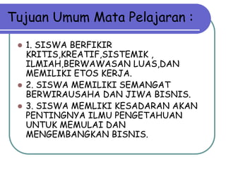 Tujuan Umum Mata Pelajaran :

  1. SISWA BERFIKIR
   KRITIS,KREATIF,SISTEMIK ,
   ILMIAH,BERWAWASAN LUAS,DAN
   MEMILIKI ETOS KERJA.
  2. SISWA MEMILIKI SEMANGAT
   BERWIRAUSAHA DAN JIWA BISNIS.
  3. SISWA MEMLIKI KESADARAN AKAN
   PENTINGNYA ILMU PENGETAHUAN
   UNTUK MEMULAI DAN
   MENGEMBANGKAN BISNIS.
 