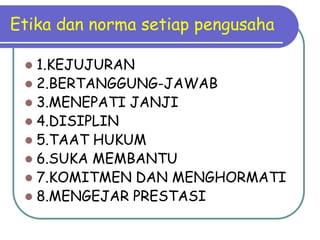 Etika dan norma setiap pengusaha

  1.KEJUJURAN
  2.BERTANGGUNG-JAWAB
  3.MENEPATI JANJI
  4.DISIPLIN
  5.TAAT HUKUM
  6.SUKA MEMBANTU
  7.KOMITMEN DAN MENGHORMATI
  8.MENGEJAR PRESTASI
 
