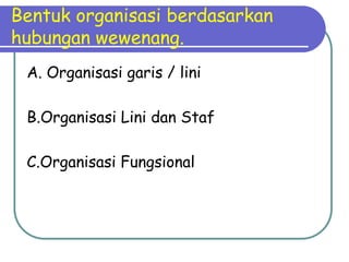 Bentuk organisasi berdasarkan
hubungan wewenang.
 A. Organisasi garis / lini

 B.Organisasi Lini dan Staf

 C.Organisasi Fungsional
 