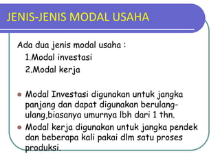 JENIS-JENIS MODAL USAHA

 Ada dua jenis modal usaha :
  1.Modal investasi
  2.Modal kerja

  Modal Investasi digunakan untuk jangka
   panjang dan dapat digunakan berulang-
   ulang,biasanya umurnya lbh dari 1 thn.
  Modal kerja digunakan untuk jangka pendek
   dan beberapa kali pakai dlm satu proses
   produksi.
 
