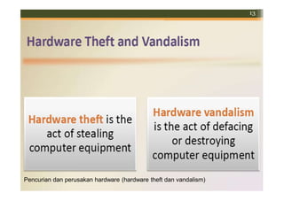 Pencurian dan perusakan hardware (hardware theft dan vandalism)
13
 