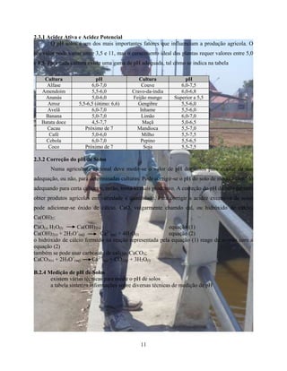11 
2.3.1 Acidez Ativa e Acidez Potencial 
O pH solos é um dos mais importantes fatores que influenciam a produção agricola. O 
seu valor pode variar entre 3,5 e 11, mas o cerscimento ideal das plantas requer valores entre 5,0 
e 8,5. Para cada cultura existe uma gama de pH adequada, tal como se indica na tabela 
Cultura pH Cultura pH 
Alfase 6,0-7,0 Couve 6,0-7,5 
Amendoim 5,5-6,0 Cravo-da-índia 6,0-6,8 
Ananás 5,0-6,0 Feijão mungo Superior a 5,5 
Arroz 5,5-6,5 (ótimo: 6,6) Gengibre 5,5-6,0 
Avelã 6,0-7,0 Inhame 5,5-6,0 
Banana 5,0-7,0 Limão 6,0-7,0 
Batata doce 4,5-7,7 Maçã 5,0-6,5 
Cacau Próximo de 7 Mandioca 5,5-7,0 
Café 5,0-6,0 Milho 5,5-7,5 
Cebola 6,0-7,0 Pepino 5,5-6,5 
Coco Próximo de 7 Soja 5,5-7,5 
2.3.2 Correção do pH de Solos 
Numa agricultura racional deve medir-se o valor de pH dos solos para avaliar da sua 
adequação, ou não, para determinadas culturas. Pode corrigir-se o pH do solo de modo a torná-lo 
adequando para certa cultura e, então, torna-lo mais produtivo. A correção do pH do solo permite 
obter produtos agrícolas em variedade e quantidade. Para corrigir a acidez excessiva de solos 
pode adicionar-se óxido de cálcio, CaO, vulgarmente chamdo cal, ou hidróxido de cálcio, 
Ca(OH)2: 
CaO(s) H2O(l) Ca(OH)2(s) equação (1) 
Ca(OH)2(s) + 2H3O+ 
(aq) Ca2+ 
(aq) + 4H2O(l) equação (2) 
o hidróxido de cálcio formado na reação representada pela equação (1) reage de acordo com a 
equação (2) 
também se pode usar carbonato de cálcio, CaCO3; 
CaCO3(s) + 2H3O+ 
(aq) Ca2+ 
(aq) + CO2(g) + 3H2O(l) 
B.2.4 Medição de pH de Solos 
existem várias técnicas para medir o pH de solos 
a tabela sintetiza informações sobre diversas técnicas de medição de pH 
 