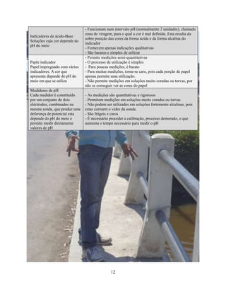 12 
Indicadores de ácido-Base 
Soluções cuja cor depende do 
pH do meio 
- Funcionam num intervalo pH (normalmente 2 unidades), chamado 
zona de viragem, para o qual a cor é mal definida. Esta resulta da 
sobre posição das cores da forma ácida e da forma alcalina do 
indicador 
- Fornecem apenas indicações qualitativas 
- São baratos e simples de utilizar 
Paple indicador 
Papel impregnado com vários 
indicadores. A cor que 
apresenta depende do pH do 
meio em que se utiliza 
- Permite medições semi-quantitativas 
- O processo de utilização é simples 
- Para poucas medições, é barato 
- Para muitas medições, torna-se caro, pois cada porção de papel 
apenas permite uma utilização. 
- Não permite medições em soluções muito coradas ou turvas, por 
não se conseguir ver as cores do papel 
Medidores de pH 
Cada medidor é constituído 
por um conjunto de dois 
eléctrodos, combinados na 
mesma sonda, que produz uma 
deferença de potencial esta 
depende do pH do meio e 
permite medir diretamente 
valores de pH 
- As medições são quantitativas e rigorosos 
- Permitem medições em soluções muito coradas ou turvas 
- Não podem ser utilizados em soluções fortemente alcalinas, pois 
estas corroem o vidro da sonda. 
- São frágeis e caros 
- É necessário proceder a calibração, processo demorado, o que 
aumenta o tempo necessário para medir o pH 
