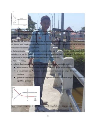 2 
figura: evolução das reações direita e inversa 
No final, quando as concentrações deixam de variar, existe um estado de equilíbrio 
químico que se representa pela equação química: 
2 NO2 N2O4(g) 
tal significa que a nível macroscópico não se registam variações de propriedades fisoco-químicas 
do sistema.num estado de equilíbrio químico coexistem reagentes e produtos da reação e as suas 
concentrações mantêm-se constantes. 
a dupla semisseta, , com sentidos opostos, indica que se estabeleceu um estado de equilíbrio 
químico – as reações direta e inversa ocorrem com igual vlocidade. a designação de reagentes e 
de produtos da reação é convencional e refere-se á reação direta. 
2 NO2 N2O4(g) 
a evolução da composição de sistema representa-se na figura registando-se que: 
 a concentração inicial de NO2 diminui ao longo do tempo até ficar constante 
 a concentração de N2O4, que é nula no inicio, aumenta ao longo do tempo até ficar 
constante 
 quando as concentrações de reagentes e produtos ficam constantes atinge-se um estado de 
equilíbrio químico 
figura – evolução d composição de uma mistura reacional de NO2 e N2O4 até se atingir um estado de equilíbrio 
químico 
 