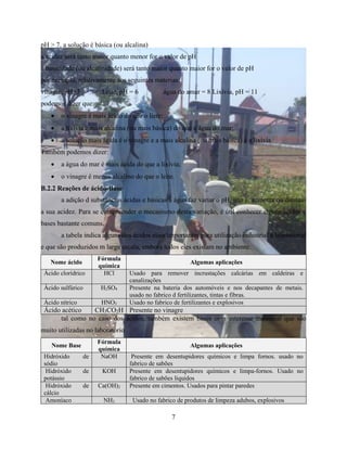pH > 7, a solução é básica (ou alcalina) 
a acidez será tanto maior quanto menor for o valor de pH 
a basicidade (ou alcalinidade) será tanto maior quanto maior for o valor de pH 
por exemplo, relativamente aos seguintes materias: 
vinagre, pH=3 Leite, pH = 6 água do amar = 8 Lixívia, pH = 11 
podemos dizer que: 
 o vinagre é mais ácido do que o liete; 
 a lixívia é mais alcalina (ou mais básica) do que a água do mar; 
 a solução mais ácida é o vinagre e a mais alcalina (ou mais básica) é a lixívia. 
7 
Também podemos dizer: 
 a água do mar é mais ácida do que a lixívia; 
 o vinagre é menos alcalino do que o leite. 
B.2.2 Reações de ácido-Base 
a adição d substâncias ácidas e básicas á água faz variar o pH, isto é, aumenta ou diminui 
a sua acidez. Para se compreender o mecanismo desta variação, é útil conhecer alguns ácidos e 
bases bastante comuns. 
a tabela indica alguns dos ácidos mais importantes para utilização industrial e laboratorial 
e que são produzidos m larga escala, embora todos eles existam no ambiente. 
Nome ácido 
Fórmula 
química 
Algumas aplicações 
Ácido clorídrico HCl Usado para remover incrustações calcárias em caldeiras e 
canalizações 
Ácido sulfúrico H2SO4 Presente na bateria dos automóveis e nos decapantes de metais. 
usado no fabrico d fertilizantes, tintas e fibras. 
Ácido nítrico HNO3 Usado no fabrico de fertilizantes e explosivos 
Ácido acético CH3CO2H Presente no vinagre 
tal como no caso dos ácidos, também existem bases com interesse industrial que são 
muito utilizadas no laboratório 
Nome Base 
Fórmula 
química 
Algumas aplicações 
Hidróxido de 
sódio 
NaOH Presente em desentupidores químicos e limpa fornos. usado no 
fabrico de sabões 
Hidróxido de 
potássio 
KOH Presente em desentupidores químicos e limpa-fornos. Usado no 
fabrico de sabões líquidos 
Hidróxido de 
cálcio 
Ca(OH)2 Presente em cimentos. Usados para pintar paredes 
Amoníaco NH3 Usado no fabrico de produtos de limpeza adubos, explosivos 
 