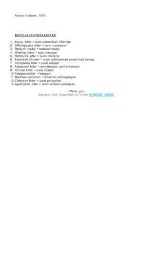Maman Surahman, MBA.
KINDS of BUSINESS LETTER
1. Inquiry letter = surat permintaan informasi
2. Offering/sales letter = surat penawaran
3. Reply to inquiry = balasan inquiry
4. Ordering letter = surat pesanan
5. Reference letter = surat referensi
6. Execution of order = surat pelaksanaan pengiriman barang
7. Complaints letter = surat keluhan
8. Adjusment letter = penyelesaian perihal keluhan
9. Circular letter = surat edaran
10.Telegram/cable = telegram
11.Business documen = dokumen perdagangan
12.Collection letter = surat penagihan
13.Application Letter = surat lamaran pekerjaan
-Thank you-
Diposkan 26th September 2010 oleh HYGIENIC INSIDE
 