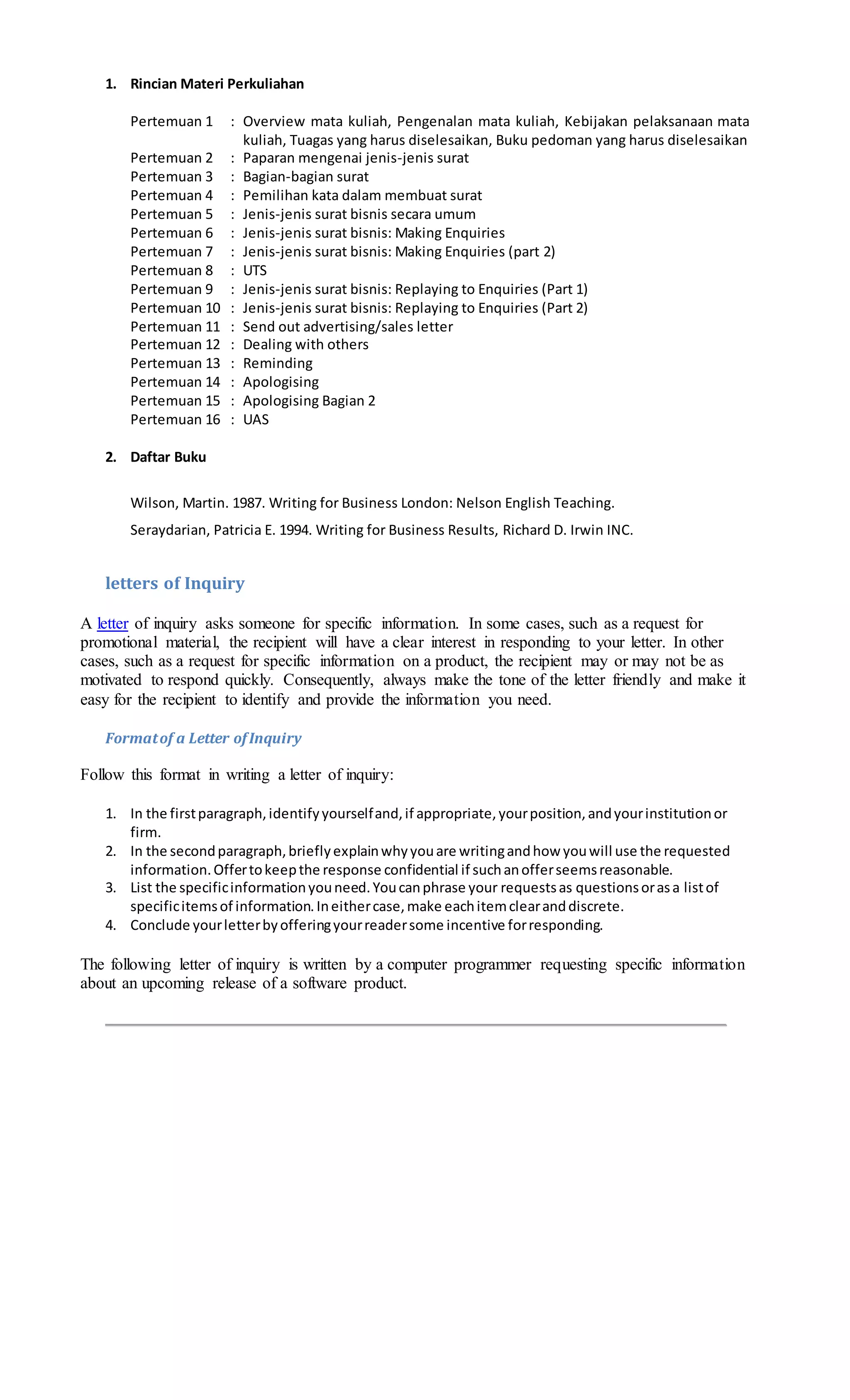 Kata Rincian Materi korespondensi bahasa inggris | DOCX