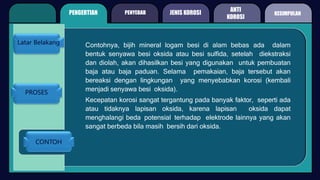 Latar Belakang
PROSES
CONTOH
PENGERTIAN PENYEBAB
ANTI
KOROSI
Contohnya, bijih mineral logam besi di alam bebas ada dalam
bentuk senyawa besi oksida atau besi sulfida, setelah diekstraksi
dan diolah, akan dihasilkan besi yang digunakan untuk pembuatan
baja atau baja paduan. Selama pemakaian, baja tersebut akan
bereaksi dengan lingkungan yang menyebabkan korosi (kembali
menjadi senyawa besi oksida).
Kecepatan korosi sangat tergantung pada banyak faktor, seperti ada
atau tidaknya lapisan oksida, karena lapisan oksida dapat
menghalangi beda potensial terhadap elektrode lainnya yang akan
sangat berbeda bila masih bersih dari oksida.
JENIS KOROSI KESIMPULAN
 