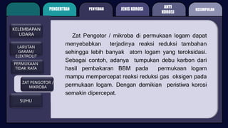 PENGERTIAN PENYEBAB
ANTI
KOROSI
KELEMBAPAN
UDARA
LARUTAN
GARAM/
ELEKTROLIT
PERMUKAAN
TIDAK RATA
ZAT PENGOTOR /
MIKROBA
SUHU
Zat Pengotor / mikroba di permukaan logam dapat
menyebabkan terjadinya reaksi reduksi tambahan
sehingga lebih banyak atom logam yang teroksidasi.
Sebagai contoh, adanya tumpukan debu karbon dari
hasil pembakaran BBM pada permukaan logam
mampu mempercepat reaksi reduksi gas oksigen pada
permukaan logam. Dengan demikian peristiwa korosi
semakin dipercepat.
JENIS KOROSI KESIMPULAN
 