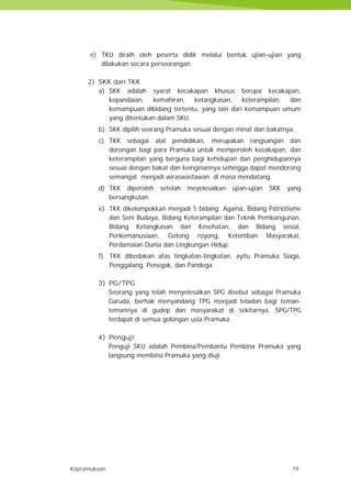 Kepramukaan 19
e) TKU diraih oleh peserta didik melalui bentuk ujian-ujian yang
dilakukan secara perseorangan.
2) SKK dan TKK
a) SKK adalah syarat kecakapan khusus berupa kecakapan,
kepandaian, kemahiran, ketangkasan, keterampilan, dan
kemampuan dibidang tertentu, yang lain dari kemampuan umum
yang ditentukan dalam SKU.
b) SKK dipilih seorang Pramuka sesuai dengan minat dan bakatnya.
c) TKK sebagai alat pendidikan, merupakan rangsangan dan
dorongan bagi para Pramuka untuk memperoleh kecakapan, dan
keterampilan yang berguna bagi kehidupan dan penghidupannya
sesuai dengan bakat dan keinginannya sehingga dapat mendorong
semangat menjadi wiraswastawan di masa mendatang.
d) TKK diperoleh setelah meyelesaikan ujian-ujian SKK yang
bersangkutan.
e) TKK dikelompokkan menjadi 5 bidang: Agama, Bidang Patriotisme
dan Seni Budaya, Bidang Keterampilan dan Teknik Pembangunan,
Bidang Ketangkasan dan Kesehatan, dan Bidang sosial,
Perikemanusiaan, Gotong royong, Ketertiban Masyarakat,
Perdamaian Dunia dan Lingkungan Hidup.
f) TKK dibedakan atas tingkatan-tingkatan, ayitu Pramuka Siaga,
Penggalang, Penegak, dan Pandega.
3) PG/TPG
Seorang yang telah menyelesaikan SPG disebut sebagai Pramuka
Garuda, berhak menyandang TPG menjadi teladan bagi teman-
temannya di gudep dan masyarakat di sekitarnya. SPG/TPG
terdapat di semua golongan usia Pramuka.
4) Penguji
Penguji SKU adalah Pembina/Pembantu Pembina Pramuka yang
langsung membina Pramuka yang diuji.
Kepramukaan 19
e) TKU diraih oleh peserta didik melalui bentuk ujian-ujian yang
dilakukan secara perseorangan.
2) SKK dan TKK
a) SKK adalah syarat kecakapan khusus berupa kecakapan,
kepandaian, kemahiran, ketangkasan, keterampilan, dan
kemampuan dibidang tertentu, yang lain dari kemampuan umum
yang ditentukan dalam SKU.
b) SKK dipilih seorang Pramuka sesuai dengan minat dan bakatnya.
c) TKK sebagai alat pendidikan, merupakan rangsangan dan
dorongan bagi para Pramuka untuk memperoleh kecakapan, dan
keterampilan yang berguna bagi kehidupan dan penghidupannya
sesuai dengan bakat dan keinginannya sehingga dapat mendorong
semangat menjadi wiraswastawan di masa mendatang.
d) TKK diperoleh setelah meyelesaikan ujian-ujian SKK yang
bersangkutan.
e) TKK dikelompokkan menjadi 5 bidang: Agama, Bidang Patriotisme
dan Seni Budaya, Bidang Keterampilan dan Teknik Pembangunan,
Bidang Ketangkasan dan Kesehatan, dan Bidang sosial,
Perikemanusiaan, Gotong royong, Ketertiban Masyarakat,
Perdamaian Dunia dan Lingkungan Hidup.
f) TKK dibedakan atas tingkatan-tingkatan, ayitu Pramuka Siaga,
Penggalang, Penegak, dan Pandega.
3) PG/TPG
Seorang yang telah menyelesaikan SPG disebut sebagai Pramuka
Garuda, berhak menyandang TPG menjadi teladan bagi teman-
temannya di gudep dan masyarakat di sekitarnya. SPG/TPG
terdapat di semua golongan usia Pramuka.
4) Penguji
Penguji SKU adalah Pembina/Pembantu Pembina Pramuka yang
langsung membina Pramuka yang diuji.
Kepramukaan 19
e) TKU diraih oleh peserta didik melalui bentuk ujian-ujian yang
dilakukan secara perseorangan.
2) SKK dan TKK
a) SKK adalah syarat kecakapan khusus berupa kecakapan,
kepandaian, kemahiran, ketangkasan, keterampilan, dan
kemampuan dibidang tertentu, yang lain dari kemampuan umum
yang ditentukan dalam SKU.
b) SKK dipilih seorang Pramuka sesuai dengan minat dan bakatnya.
c) TKK sebagai alat pendidikan, merupakan rangsangan dan
dorongan bagi para Pramuka untuk memperoleh kecakapan, dan
keterampilan yang berguna bagi kehidupan dan penghidupannya
sesuai dengan bakat dan keinginannya sehingga dapat mendorong
semangat menjadi wiraswastawan di masa mendatang.
d) TKK diperoleh setelah meyelesaikan ujian-ujian SKK yang
bersangkutan.
e) TKK dikelompokkan menjadi 5 bidang: Agama, Bidang Patriotisme
dan Seni Budaya, Bidang Keterampilan dan Teknik Pembangunan,
Bidang Ketangkasan dan Kesehatan, dan Bidang sosial,
Perikemanusiaan, Gotong royong, Ketertiban Masyarakat,
Perdamaian Dunia dan Lingkungan Hidup.
f) TKK dibedakan atas tingkatan-tingkatan, ayitu Pramuka Siaga,
Penggalang, Penegak, dan Pandega.
3) PG/TPG
Seorang yang telah menyelesaikan SPG disebut sebagai Pramuka
Garuda, berhak menyandang TPG menjadi teladan bagi teman-
temannya di gudep dan masyarakat di sekitarnya. SPG/TPG
terdapat di semua golongan usia Pramuka.
4) Penguji
Penguji SKU adalah Pembina/Pembantu Pembina Pramuka yang
langsung membina Pramuka yang diuji.
 