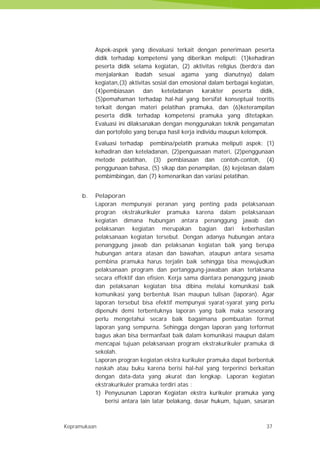 Kepramukaan 37
Aspek-aspek yang dievaluasi terkait dengan penerimaan peserta
didik terhadap kompetensi yang diberikan meliputi: (1)kehadiran
peserta didik selama kegiatan, (2) aktivitas religius (berdo’a dan
menjalankan ibadah sesuai agama yang dianutnya) dalam
kegiatan,(3) aktivitas sosial dan emosional dalam berbagai kegiatan,
(4)pembiasaan dan keteladanan karakter peserta didik,
(5)pemahaman terhadap hal-hal yang bersifat konseptual teoritis
terkait dengan materi pelatihan pramuka, dan (6)keterampilan
peserta didik terhadap kompetensi pramuka yang ditetapkan.
Evaluasi ini dilaksanakan dengan menggunakan teknik pengamatan
dan portofolio yang berupa hasil kerja individu maupun kelompok.
Evaluasi terhadap pembina/pelatih pramuka meliputi aspek: (1)
kehadiran dan keteladanan, (2)penguasaan materi, (2)penggunaan
metode pelatihan, (3) pembiasaan dan contoh-contoh, (4)
penggunaan bahasa, (5) sikap dan penampilan, (6) kejelasan dalam
pembimbingan, dan (7) kemenarikan dan variasi pelatihan.
b. Pelaporan
Laporan mempunyai peranan yang penting pada pelaksanaan
progran ekstrakurikuler pramuka karena dalam pelaksanaan
kegiatan dimana hubungan antara penanggung jawab dan
pelaksanan kegiatan merupakan bagian dari keberhasilan
pelaksanaan kegiatan tersebut. Dengan adanya hubungan antara
penanggung jawab dan pelaksanan kegiatan baik yang berupa
hubungan antara atasan dan bawahan, ataupun antara sesama
pembina pramuka harus terjalin baik sehingga bisa mewujudkan
pelaksanaan program dan pertanggung-jawaban akan terlaksana
secara effektif dan efisien. Kerja sama diantara penanggung jawab
dan pelaksanan kegiatan bisa dibina melalui komunikasi baik
komunikasi yang berbentuk lisan maupun tulisan (laporan). Agar
laporan tersebut bisa efektif mempunyai syarat-syarat yang perlu
dipenuhi demi terbentuknya laporan yang baik maka seseorang
perlu mengetahui secara baik bagaimana pembuatan format
laporan yang sempurna. Sehingga dengan laporan yang terformat
bagus akan bisa bermanfaat baik dalam komunikasi maupun dalam
mencapai tujuan pelaksanaan program ekstrakurikuler pramuka di
sekolah.
Laporan progran kegiatan ekstra kurikuler pramuka dapat berbentuk
naskah atau buku karena berisi hal-hal yang terperinci berkaitan
dengan data-data yang akurat dan lengkap. Laporan kegiatan
ekstrakurikuler pramuka terdiri atas :
1) Penyusunan Laporan Kegiatan ekstra kurikuler pramuka yang
berisi antara lain latar belakang, dasar hukum, tujuan, sasaran
Kepramukaan 37
Aspek-aspek yang dievaluasi terkait dengan penerimaan peserta
didik terhadap kompetensi yang diberikan meliputi: (1)kehadiran
peserta didik selama kegiatan, (2) aktivitas religius (berdo’a dan
menjalankan ibadah sesuai agama yang dianutnya) dalam
kegiatan,(3) aktivitas sosial dan emosional dalam berbagai kegiatan,
(4)pembiasaan dan keteladanan karakter peserta didik,
(5)pemahaman terhadap hal-hal yang bersifat konseptual teoritis
terkait dengan materi pelatihan pramuka, dan (6)keterampilan
peserta didik terhadap kompetensi pramuka yang ditetapkan.
Evaluasi ini dilaksanakan dengan menggunakan teknik pengamatan
dan portofolio yang berupa hasil kerja individu maupun kelompok.
Evaluasi terhadap pembina/pelatih pramuka meliputi aspek: (1)
kehadiran dan keteladanan, (2)penguasaan materi, (2)penggunaan
metode pelatihan, (3) pembiasaan dan contoh-contoh, (4)
penggunaan bahasa, (5) sikap dan penampilan, (6) kejelasan dalam
pembimbingan, dan (7) kemenarikan dan variasi pelatihan.
b. Pelaporan
Laporan mempunyai peranan yang penting pada pelaksanaan
progran ekstrakurikuler pramuka karena dalam pelaksanaan
kegiatan dimana hubungan antara penanggung jawab dan
pelaksanan kegiatan merupakan bagian dari keberhasilan
pelaksanaan kegiatan tersebut. Dengan adanya hubungan antara
penanggung jawab dan pelaksanan kegiatan baik yang berupa
hubungan antara atasan dan bawahan, ataupun antara sesama
pembina pramuka harus terjalin baik sehingga bisa mewujudkan
pelaksanaan program dan pertanggung-jawaban akan terlaksana
secara effektif dan efisien. Kerja sama diantara penanggung jawab
dan pelaksanan kegiatan bisa dibina melalui komunikasi baik
komunikasi yang berbentuk lisan maupun tulisan (laporan). Agar
laporan tersebut bisa efektif mempunyai syarat-syarat yang perlu
dipenuhi demi terbentuknya laporan yang baik maka seseorang
perlu mengetahui secara baik bagaimana pembuatan format
laporan yang sempurna. Sehingga dengan laporan yang terformat
bagus akan bisa bermanfaat baik dalam komunikasi maupun dalam
mencapai tujuan pelaksanaan program ekstrakurikuler pramuka di
sekolah.
Laporan progran kegiatan ekstra kurikuler pramuka dapat berbentuk
naskah atau buku karena berisi hal-hal yang terperinci berkaitan
dengan data-data yang akurat dan lengkap. Laporan kegiatan
ekstrakurikuler pramuka terdiri atas :
1) Penyusunan Laporan Kegiatan ekstra kurikuler pramuka yang
berisi antara lain latar belakang, dasar hukum, tujuan, sasaran
Kepramukaan 37
Aspek-aspek yang dievaluasi terkait dengan penerimaan peserta
didik terhadap kompetensi yang diberikan meliputi: (1)kehadiran
peserta didik selama kegiatan, (2) aktivitas religius (berdo’a dan
menjalankan ibadah sesuai agama yang dianutnya) dalam
kegiatan,(3) aktivitas sosial dan emosional dalam berbagai kegiatan,
(4)pembiasaan dan keteladanan karakter peserta didik,
(5)pemahaman terhadap hal-hal yang bersifat konseptual teoritis
terkait dengan materi pelatihan pramuka, dan (6)keterampilan
peserta didik terhadap kompetensi pramuka yang ditetapkan.
Evaluasi ini dilaksanakan dengan menggunakan teknik pengamatan
dan portofolio yang berupa hasil kerja individu maupun kelompok.
Evaluasi terhadap pembina/pelatih pramuka meliputi aspek: (1)
kehadiran dan keteladanan, (2)penguasaan materi, (2)penggunaan
metode pelatihan, (3) pembiasaan dan contoh-contoh, (4)
penggunaan bahasa, (5) sikap dan penampilan, (6) kejelasan dalam
pembimbingan, dan (7) kemenarikan dan variasi pelatihan.
b. Pelaporan
Laporan mempunyai peranan yang penting pada pelaksanaan
progran ekstrakurikuler pramuka karena dalam pelaksanaan
kegiatan dimana hubungan antara penanggung jawab dan
pelaksanan kegiatan merupakan bagian dari keberhasilan
pelaksanaan kegiatan tersebut. Dengan adanya hubungan antara
penanggung jawab dan pelaksanan kegiatan baik yang berupa
hubungan antara atasan dan bawahan, ataupun antara sesama
pembina pramuka harus terjalin baik sehingga bisa mewujudkan
pelaksanaan program dan pertanggung-jawaban akan terlaksana
secara effektif dan efisien. Kerja sama diantara penanggung jawab
dan pelaksanan kegiatan bisa dibina melalui komunikasi baik
komunikasi yang berbentuk lisan maupun tulisan (laporan). Agar
laporan tersebut bisa efektif mempunyai syarat-syarat yang perlu
dipenuhi demi terbentuknya laporan yang baik maka seseorang
perlu mengetahui secara baik bagaimana pembuatan format
laporan yang sempurna. Sehingga dengan laporan yang terformat
bagus akan bisa bermanfaat baik dalam komunikasi maupun dalam
mencapai tujuan pelaksanaan program ekstrakurikuler pramuka di
sekolah.
Laporan progran kegiatan ekstra kurikuler pramuka dapat berbentuk
naskah atau buku karena berisi hal-hal yang terperinci berkaitan
dengan data-data yang akurat dan lengkap. Laporan kegiatan
ekstrakurikuler pramuka terdiri atas :
1) Penyusunan Laporan Kegiatan ekstra kurikuler pramuka yang
berisi antara lain latar belakang, dasar hukum, tujuan, sasaran
 
