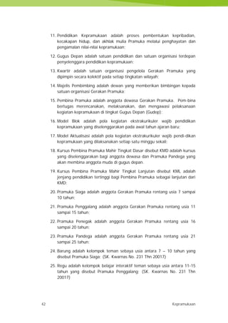 42 Kepramukaan
11. Pendidikan Kepramukaan adalah proses pembentukan kepribadian,
kecakapan hidup, dan akhlak mulia Pramuka melalui penghayatan dan
pengamalan nilai-nilai kepramukaan;
12. Gugus Depan adalah satuan pendidikan dan satuan organisasi terdepan
penyelenggara pendidikan kepramukaan;
13. Kwartir adalah satuan organisasi pengelola Gerakan Pramuka yang
dipimpin secara kolektif pada setiap tingkatan wilayah;
14. Majelis Pembimbing adalah dewan yang memberikan bimbingan kepada
satuan organisasi Gerakan Pramuka;
15. Pembina Pramuka adalah anggota dewasa Gerakan Pramuka. Pem-bina
bertugas merencanakan, melaksanakan, dan mengawasi pelaksanaan
kegiatan kepramukaan di tingkat Gugus Depan (Gudep);
16. Model Blok adalah pola kegiatan ekstrakurikuler wajib pendidikan
kepramukaan yang diselenggarakan pada awal tahun ajaran baru;
17. Model Aktualisasi adalah pola kegiatan ekstrakurikuler wajib pendi-dikan
kepramukaan yang dilaksanakan setiap satu minggu sekali;
18. Kursus Pembina Pramuka Mahir Tingkat Dasar disebut KMD adalah kursus
yang diselenggarakan bagi anggota dewasa dan Pramuka Pandega yang
akan membina anggota muda di gugus depan.
19. Kursus Pembina Pramuka Mahir Tingkat Lanjutan disebut KML adalah
jenjang pendidikan tertinggi bagi Pembina Pramuka sebagai lanjutan dari
KMD;
20. Pramuka Siaga adalah anggota Gerakan Pramuka rentang usia 7 sampai
10 tahun;
21. Pramuka Penggalang adalah anggota Gerakan Pramuka rentang usia 11
sampai 15 tahun;
22. Pramuka Penegak adalah anggota Gerakan Pramuka rentang usia 16
sampai 20 tahun;
23. Pramuka Pandega adalah anggota Gerakan Pramuka rentang usia 21
sampai 25 tahun;
24. Barung adalah kelompok teman sebaya usia antara 7 – 10 tahun yang
disebut Pramuka Siaga; (SK. Kwarnas No. 231 Thn 20017)
25. Regu adalah kelompok belajar interaktif teman sebaya usia antara 11-15
tahun yang disebut Pramuka Penggalang; (SK. Kwarnas No. 231 Thn
20017)
42 Kepramukaan
11. Pendidikan Kepramukaan adalah proses pembentukan kepribadian,
kecakapan hidup, dan akhlak mulia Pramuka melalui penghayatan dan
pengamalan nilai-nilai kepramukaan;
12. Gugus Depan adalah satuan pendidikan dan satuan organisasi terdepan
penyelenggara pendidikan kepramukaan;
13. Kwartir adalah satuan organisasi pengelola Gerakan Pramuka yang
dipimpin secara kolektif pada setiap tingkatan wilayah;
14. Majelis Pembimbing adalah dewan yang memberikan bimbingan kepada
satuan organisasi Gerakan Pramuka;
15. Pembina Pramuka adalah anggota dewasa Gerakan Pramuka. Pem-bina
bertugas merencanakan, melaksanakan, dan mengawasi pelaksanaan
kegiatan kepramukaan di tingkat Gugus Depan (Gudep);
16. Model Blok adalah pola kegiatan ekstrakurikuler wajib pendidikan
kepramukaan yang diselenggarakan pada awal tahun ajaran baru;
17. Model Aktualisasi adalah pola kegiatan ekstrakurikuler wajib pendi-dikan
kepramukaan yang dilaksanakan setiap satu minggu sekali;
18. Kursus Pembina Pramuka Mahir Tingkat Dasar disebut KMD adalah kursus
yang diselenggarakan bagi anggota dewasa dan Pramuka Pandega yang
akan membina anggota muda di gugus depan.
19. Kursus Pembina Pramuka Mahir Tingkat Lanjutan disebut KML adalah
jenjang pendidikan tertinggi bagi Pembina Pramuka sebagai lanjutan dari
KMD;
20. Pramuka Siaga adalah anggota Gerakan Pramuka rentang usia 7 sampai
10 tahun;
21. Pramuka Penggalang adalah anggota Gerakan Pramuka rentang usia 11
sampai 15 tahun;
22. Pramuka Penegak adalah anggota Gerakan Pramuka rentang usia 16
sampai 20 tahun;
23. Pramuka Pandega adalah anggota Gerakan Pramuka rentang usia 21
sampai 25 tahun;
24. Barung adalah kelompok teman sebaya usia antara 7 – 10 tahun yang
disebut Pramuka Siaga; (SK. Kwarnas No. 231 Thn 20017)
25. Regu adalah kelompok belajar interaktif teman sebaya usia antara 11-15
tahun yang disebut Pramuka Penggalang; (SK. Kwarnas No. 231 Thn
20017)
42 Kepramukaan
11. Pendidikan Kepramukaan adalah proses pembentukan kepribadian,
kecakapan hidup, dan akhlak mulia Pramuka melalui penghayatan dan
pengamalan nilai-nilai kepramukaan;
12. Gugus Depan adalah satuan pendidikan dan satuan organisasi terdepan
penyelenggara pendidikan kepramukaan;
13. Kwartir adalah satuan organisasi pengelola Gerakan Pramuka yang
dipimpin secara kolektif pada setiap tingkatan wilayah;
14. Majelis Pembimbing adalah dewan yang memberikan bimbingan kepada
satuan organisasi Gerakan Pramuka;
15. Pembina Pramuka adalah anggota dewasa Gerakan Pramuka. Pem-bina
bertugas merencanakan, melaksanakan, dan mengawasi pelaksanaan
kegiatan kepramukaan di tingkat Gugus Depan (Gudep);
16. Model Blok adalah pola kegiatan ekstrakurikuler wajib pendidikan
kepramukaan yang diselenggarakan pada awal tahun ajaran baru;
17. Model Aktualisasi adalah pola kegiatan ekstrakurikuler wajib pendi-dikan
kepramukaan yang dilaksanakan setiap satu minggu sekali;
18. Kursus Pembina Pramuka Mahir Tingkat Dasar disebut KMD adalah kursus
yang diselenggarakan bagi anggota dewasa dan Pramuka Pandega yang
akan membina anggota muda di gugus depan.
19. Kursus Pembina Pramuka Mahir Tingkat Lanjutan disebut KML adalah
jenjang pendidikan tertinggi bagi Pembina Pramuka sebagai lanjutan dari
KMD;
20. Pramuka Siaga adalah anggota Gerakan Pramuka rentang usia 7 sampai
10 tahun;
21. Pramuka Penggalang adalah anggota Gerakan Pramuka rentang usia 11
sampai 15 tahun;
22. Pramuka Penegak adalah anggota Gerakan Pramuka rentang usia 16
sampai 20 tahun;
23. Pramuka Pandega adalah anggota Gerakan Pramuka rentang usia 21
sampai 25 tahun;
24. Barung adalah kelompok teman sebaya usia antara 7 – 10 tahun yang
disebut Pramuka Siaga; (SK. Kwarnas No. 231 Thn 20017)
25. Regu adalah kelompok belajar interaktif teman sebaya usia antara 11-15
tahun yang disebut Pramuka Penggalang; (SK. Kwarnas No. 231 Thn
20017)
 