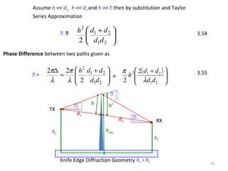19
Phase Difference between two paths given as
3.54





 +
21
21
2
2 dd
ddh 
Assume h << d1 , h << d2 and h >>  then by substitution and Taylor
Series Approximation
Knife Edge Diffraction Geometry ht > hr

d2
d1


h
TX
RX
hr
ht
hobs
h’





 +
=
∆
21
21
2
2
22
dd
ddh
λ
π
λ
π
 = 3.55
=
( )





 +
21
212 2
2 dd
dd
h
λ
π
 