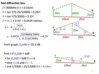 34
f = 900MHz   = 0.333m
 = tan-1
(75-25/10000) = 0.287o
 = tan-1
(75/2000) = 2.15o
 = +  = 2.43o
= 0.0424 radians
find diffraction loss
)(
2
21
21
dd
dd
+λ
αv =
from graph, Gd(dB) = -25.5 dB
24.4
)12000(333.0
)2000)(10000(2
0424.0 ==
find h if Gd(dB) = 6dB
• for Gd(dB) = 6dB  v ≈ 0
• then  = 0 and  = - 
• and h/2000 = 25/12000  h = 4.16m

2km10km

T
R25m

75m
2km10km
100m
T
25m
50m
R
=0
2km10km

T
R25m
 h
 