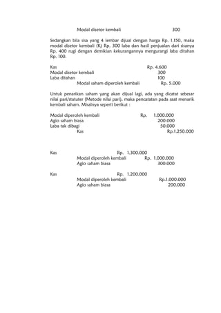 Modal disetor kembali 300
Sedangkan bila sisa yang 4 lembar dijual dengan harga Rp. 1.150, maka
modal disetor kembali (K) Rp. 300 laba dan hasil penjualan dari sisanya
Rp. 400 rugi dengan demikian kekurangannya mengurangi laba ditahan
Rp. 100.
Kas Rp. 4.600
Modal disetor kembali 300
Laba ditahan 100
Modal saham diperoleh kembali Rp. 5.000
Untuk penarikan saham yang akan dijual lagi, ada yang dicatat sebesar
nilai pari/statuter (Metode nilai pari), maka pencatatan pada saat menarik
kembali saham. Misalnya seperti berikut :
Modal diperoleh kembali Rp. 1.000.000
Agio saham biasa 200.000
Laba tak dibagi 50.000
Kas Rp.1.250.000
Kas Rp. 1.300.000
Modal diperoleh kembali Rp. 1.000.000
Agio saham biasa 300.000
Kas Rp. 1.200.000
Modal diperoleh kembali Rp.1.000.000
Agio saham biasa 200.000
 