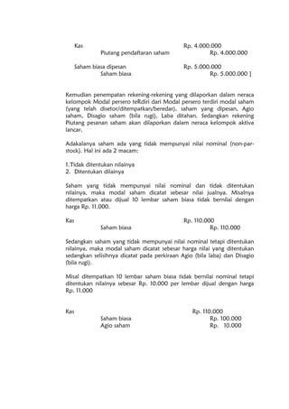 Kas Rp. 4.000.000
Piutang pendaftaran saham Rp. 4.000.000
Saham biasa dipesan Rp. 5.000.000
Saham biasa Rp. 5.000.000 ]
Kemudian penempatan rekening-rekening yang dilaporkan dalam neraca
kelompok Modal persero teRdiri dari Modal persero terdiri modal saham
(yang telah disetor/ditempatkan/beredar), saham yang dipesan, Agio
saham, Disagio saham (bila rugi), Laba ditahan. Sedangkan rekening
Piutang pesanan saham akan dilaporkan dalam neraca kelompok aktiva
lancar.
Adakalanya saham ada yang tidak mempunyai nilai nominal (non-par-
stock). Hal ini ada 2 macam:
1.Tidak ditentukan nilainya
2. Ditentukan dilainya
Saham yang tidak mempunyai nilai nominal dan tidak ditentukan
nilainya, maka modal saham dicatat sebesar nilai jualnya. Misalnya
ditempatkan atau dijual 10 lembar saham biasa tidak bernilai dengan
harga Rp. 11.000.
Kas Rp. 110.000
Saham biasa Rp. 110.000
Sedangkan saham yang tidak mempunyai nilai nominal tetapi ditentukan
nilainya, maka modal saham dicatat sebesar harga nilai yang ditentukan
sedangkan selisihnya dicatat pada perkiraan Agio (bila laba) dan Disagio
(bila rugi).
Misal ditempatkan 10 lembar saham biasa tidak bernilai nominal tetapi
ditentukan nilainya sebesar Rp. 10.000 per lembar dijual dengan harga
Rp. 11.000
Kas Rp. 110.000
Saham biasa Rp. 100.000
Agio saham Rp. 10.000
 