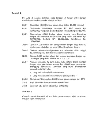 Contoh 2
PT. ABG di Medan didirikan pada tanggal 12 Januari 2014 dengan
melakukan transaksi-transaksi sebagai berikut :
02/01 Diterbitkan 10.000 lembar saham biasa @ Rp. 20.000 nominal
02/01 Dikeluarkan biaya-biaya pendirian PT. ABG sebesar Rp.
50.000.000 yang akan diamortisasikan setiap akhir periode 20%
05/01 Ditempatkan 4.000 lembar saham kepada para Direksinya
dengna cara menukar aktiva-aktiva yang terdiri dari tanah Rp.
35.000.000, Gedung RP. 25.000.000, Kendaraan Rp.
15.000.000.
20/04 Dipesan 4.000 lembar dari para pemesan dengan harga kurs 110
pembayaran dilakukan pertama 50% sisinya bulan depan.
20/05 Diterima pelunasan dari pemesan atas pembelian saham tanggal
20 April yang lalu dan diserahkan semua sahamnya.
12/06 Dipesan 1.000 lembar saham dari seorang pemesan dengan kurs
110 dengan yang muka sebesar Rp. 5.000.000
25/07 Pesanan tertanggal 12 Juni gagal, maka saham ditarik kembali
dengan biaya pembatalan sebesar Rp. 10.000 biaya pembatalan
ditanggung perusahaan. Kemudian uang muka dikembalikan
menurut perjanjian bila :
a. Uang muka dikembalikan semuanya
b. Uang muka dikembalikan menurut perjanjian bila :
25/08 Dikeluarkan/ditempatkan 1.000 lembar saham dengan kurs 95%
31/12 Biaya pendirian diamortisasikan sebesar 20%
31/12 Diperoleh laba bersih sebesar Rp. 6.000.000
Diminta :
Catatlah transaksi-tansaksi di atas baik pencatatannya sejak penerbitan
maupun sejak penempatan
 