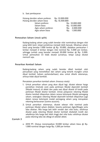 b. Saat pembayaran
Hutang deviden saham preferen Rp. 12.000.000
Hutang deviden saham biasa Rp. 16.500.000
Saham preferen Rp. 10.000.000
Saham biasa Rp. 15.000.000
Agio saham preferen Rp. 2.000.000
Agio saham biasa Rp. 1.500.000
Pemecahan Saham (stock split)
Kadang-kadang saham yang sudah beredar nilai nominalnya dengan nilai
yang lebih kecil, tetapi jumlahnya menjadi lebih banyak. Misalnya saham
biasa yang beredar 1.000 lembar @ Rp. 10.000, diadakan pemecahan 1
lembar menjadi 2 lembar dengan nilai nominal Rp. 5.000 per lembar,
sehingga jumlah yang beredar menjadi 20.000 lembar @ Rp. 5.000.
Untuk pemecahan ini tidak dicatat jurnalnya, tetapi cukup dicatat
memoril saja.
Penarikan Kembali Saham
Kadang-kadang saham yang sudah beredar dibeli kembali oleh
perusahaan yang menerbitkan dan saham yang tertarik mungkin untuk
dijual kembali (saham perbendarhaan) atau untuk ditarik selamanya,
artinya tidak dijual kembali.
Pencatatan penarikan kembali saham (treasury stock):
1. Untuk penarikan saham yang akan dijual lagi, dicatat sebesar harga
perolehan (metode cost) pada perkiraan Modal diperoleh kembali
(Modal treasuri) di debet dan pada saat dijual dicatat di kredit pada
perkiraan Modal disetor kembali. Untuk pelaporan rekening Modal
disetor kembali dilaporkan dalam neraca kelompok Modal pemegang
saham, sedangkan rekening Modal diperoleh kembali dilaporkan juga
dalam neraca kelompok modal pemegang saham yang merupakan
rekening berlawanan (contra account).
2. Untuk penarikan selamanya, dicatat sebesar nilai nominal pada
perkiraan Modal saham didebet, beserta perkiraan Agio/Disagio serta
laba ditahan. Bila harga beli lebih rendah dari nilai buku, selisihnya
dicatat pada rekening Modal disetor kembali disebelah kredit dan
sebaliknya bila harga beli lebih tinggi dari nilai buku selisihnya dicatat
pada rekening laba tak dibagi di sebelah debet.
Contoh 3
a. 2010 PT. Oukup menempatkan 10.000 lembar saham biasa @ Rp.
1.000 nominal dengan harga Rp. 1.200 per lembar
 