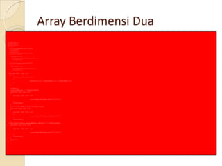 Array Berdimensi Dua
//program40.cpp
#include <iostream.h>
#include <conio.h>
#include <iomanip.h>
void main()
{
cout<<"Program Pertambahan Matrik 3x3"<<endl;
int matrikA[3][3];
int matrikB[3][3];
int matrikC[3][3];
cout<<endl<<"Masukkan data Matrik A"<<endl;
for(int i=0; i<3; i++)
{
for(int j=0; j<3; j++)
{
cout<<"Elemen ke "<<(i+1)<<","<<(j+1)<<" : ";
cin>>matrikA[i][j];
}
}
cout<<endl<<"Masukkan data Matrik B"<<endl;
for(int i=0; i<3; i++)
{
for(int j=0; j<3; j++)
{
cout<<"Elemen ke "<<(i+1)<<","<<(j+1)<<" : ";
cin>>matrikB[i][j];
}
}
for(int i=0; i<3; i++)
{
for(int j=0; j<3; j++)
{
matrikC[i][j] = matrikA[i][j] + matrikB[i][j];
}
}
clrscr();
cout<<"Matrik A :"<<endl<<endl;
for(int i=0; i<3; i++)
{
for(int j=0; j<3; j++)
{
cout<<setw(4)<<matrikA[i][j]<<" ";
}
cout<<endl;
}
cout<<endl<<"Matrik B :"<<endl<<endl;
for(int i=0; i<3; i++)
{
for(int j=0; j<3; j++)
{
cout<<setw(4)<<matrikB[i][j]<<" ";
}
cout<<endl;
}
cout<<endl<<"Hasil pertambahan, Matrik C :"<<endl<<endl;
for(int i=0; i<3; i++)
{
for(int j=0; j<3; j++)
{
cout<<setw(4)<<matrikC[i][j]<<" ";
}
cout<<endl;
}
getch();
}
 