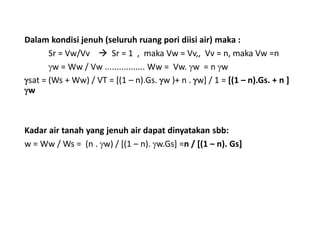 Dalam kondisi jenuh (seluruh ruang pori diisi air) maka :
Sr = Vw/Vv  Sr = 1 , maka Vw = Vv,, Vv = n, maka Vw =n
w = Ww / Vw ................. Ww = Vw. w = n w
sat = (Ws + Ww) / VT = [(1 – n).Gs. w )+ n . w] / 1 = [(1 – n).Gs. + n ]
w
Kadar air tanah yang jenuh air dapat dinyatakan sbb:
w = Ww / Ws = (n . w) / [(1 – n). w.Gs] =n / [(1 – n). Gs]
 