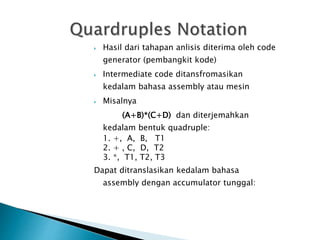  Hasil dari tahapan anlisis diterima oleh code 
generator (pembangkit kode) 
 Intermediate code ditansfromasikan 
kedalam bahasa assembly atau mesin 
 Misalnya 
(A+B)*(C+D) dan diterjemahkan 
kedalam bentuk quadruple: 
1. +, A, B, T1 
2. + , C, D, T2 
3. *, T1, T2, T3 
Dapat ditranslasikan kedalam bahasa 
assembly dengan accumulator tunggal: 
 