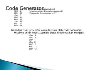LDA A ( isi A ke dalam accumulator) 
ADD B (isi accumulator dijumlahan dengan B) 
STO T1 ( Simpan isi Accumulator ke T1) 
LDA C 
ADD D 
STO T2 
LDA T1 
MUL T2 
STO T3 
hasil dari code generator akan diterima oleh code optimation , 
Misalnya untuk kode assembly diatas dioptimasikan menjadi: 
LDA A 
ADD B 
STO T1 
LDA C 
ADD D 
MUL T1 
STO T2 
 