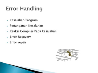 Kesalahan Program 
 Penanganan Kesalahan 
 Reaksi Compiler Pada kesalahan 
 Error Recovery 
 Error repair 
 