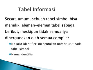 Secara umum, sebuah tabel simbol bisa 
memiliki elemen-elemen tabel sebagai 
berikut, meskipun tidak semuanya 
dipergunakan oleh semua compiler 
No.urut identifier: menentukan nomor urut pada 
tabel simbol 
Nama identifier 
 
