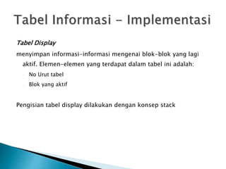 Tabel Display 
menyimpan informasi-informasi mengenai blok-blok yang lagi 
aktif. Elemen-elemen yang terdapat dalam tabel ini adalah: 
◦ No Urut tabel 
◦ Blok yang aktif 
Pengisian tabel display dilakukan dengan konsep stack 
