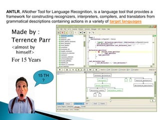 ANTLR, ANother Tool for Language Recognition, is a language tool that provides a 
framework for constructing recognizers, interpreters, compilers, and translators from 
grammatical descriptions containing actions in a variety of target languages 
Made by : 
Terrence Parr 
<almost by 
himself> 
For 15 Years 
15 TH 
? 
 