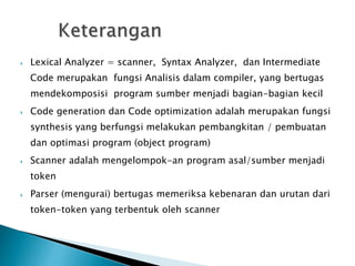  Lexical Analyzer = scanner, Syntax Analyzer, dan Intermediate 
Code merupakan fungsi Analisis dalam compiler, yang bertugas 
mendekomposisi program sumber menjadi bagian-bagian kecil 
 Code generation dan Code optimization adalah merupakan fungsi 
synthesis yang berfungsi melakukan pembangkitan / pembuatan 
dan optimasi program (object program) 
 Scanner adalah mengelompok-an program asal/sumber menjadi 
token 
 Parser (mengurai) bertugas memeriksa kebenaran dan urutan dari 
token-token yang terbentuk oleh scanner 
 