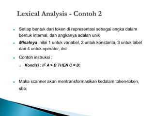 Lexical Analysis - Contoh 2 
 Setiap bentuk dari token di representasi sebagai angka dalam 
bentuk internal, dan angkanya adalah unik 
 Misalnya nilai 1 untuk variabel, 2 untuk konstanta, 3 untuk label 
dan 4 untuk operator, dst 
 Contoh instruksi : 
 Kondisi : IF A > B THEN C = D; 
 Maka scanner akan mentransformasikan kedalam token-token, 
sbb: 
 