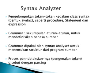  Pengelompokan token-token kedalam class syntax 
(bentuk syntax), seperti procedure, Statement dan 
expression 
 Grammar : sekumpulan aturan-aturan, untuk 
mendefinisikan bahasa sumber 
 Grammar dipakai oleh syntax analyser untuk 
menentukan struktur dari program sumber 
 Proses pen-deteksian-nya (pengenalan token) 
disebut dengan parsing 
 