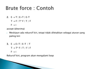 2. E  T | E+T | E-T 
T  F | T* F | T / F 
F  i 
accept (diterima) 
 Meskipun ada rekursif kiri, tetapi tidak diletakkan sebagai aturan yang 
paling kiri 
3. E  E+T | E-T | T 
T  T* F | T / F | F 
F  i 
Rekursif kiri, program akan mengalami loop 
 