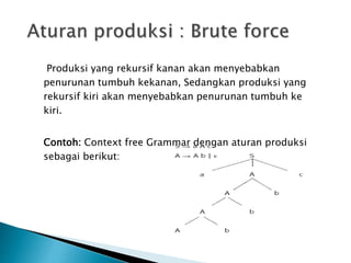 Produksi yang rekursif kanan akan menyebabkan 
penurunan tumbuh kekanan, Sedangkan produksi yang 
rekursif kiri akan menyebabkan penurunan tumbuh ke 
kiri. 
Contoh: Context free Grammar dengan aturan produksi 
sebagai berikut: 
 