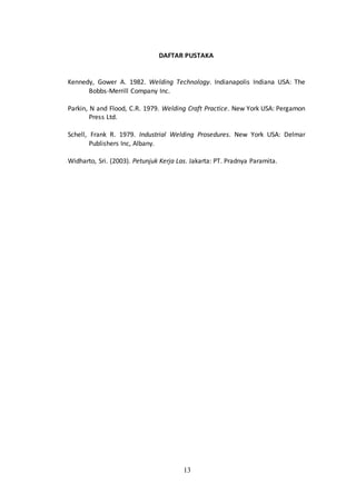 13
DAFTAR PUSTAKA
Kennedy, Gower A. 1982. Welding Technology. Indianapolis Indiana USA: The
Bobbs-Merrill Company Inc.
Parkin, N and Flood, C.R. 1979. Welding Craft Practice. New York USA: Pergamon
Press Ltd.
Schell, Frank R. 1979. Industrial Welding Prosedures. New York USA: Delmar
Publishers Inc, Albany.
Widharto, Sri. (2003). Petunjuk Kerja Las. Jakarta: PT. Pradnya Paramita.
 
