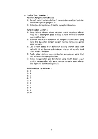 6
e. Lembar Kunci Jawaban 1
Petunjuk Penyelesaian Latihan 1
1) Bacalah materi kegiatan belajar 1 menentukan peralatan kerja dan
bahan untuk proses pengelasan.
2) Diskusikan dengan teman Anda jika mengalami kesulitan.
Kunci Jawaban Latihan 1
1) Katup tabung oksigen dibuat rangkap karena menahan tekanan
yang besar sedangkan pada tabung asetelin menahan tekanan
yang relatif rendah.
2) Asetelen terbuat dari campuran air dengan kalsium karbida yang
mana bila dipadukan dengan oksigen mampu memberikan panas
58000 – 63000 F.
3) Gas asetelin bebas (tidak berbentuk aseton) tekanan tidak boleh
melebihi 15 psi, karena pada tekanan sebesar ini asetelin tidak
stabil dan bisa meledak.
4) Tidak, tetapi oksigen akan memberikan pembakaran yang lebih
kuat akibat tekanan yang diberikan.
5) Ketika menggunakan gas bertekanan yang relatif besar sangat
penting menggunakan alat yang mampu mengatur agar tekanan
bisa diperkecil dan stabil digunakan.
Kunci Jawaban Tes Formatif 1
1) D
2) A
3) E
4) C
5) B
6) C
7) E
8) A
9) B
10) D
 